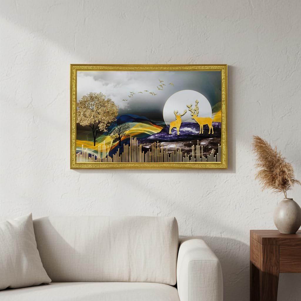 3D Golen Foil Modern Art Positive Vibes Landscape | Framed Painting | Ready to Hang - (Multicolor, 14 Inch x 20 Inch)