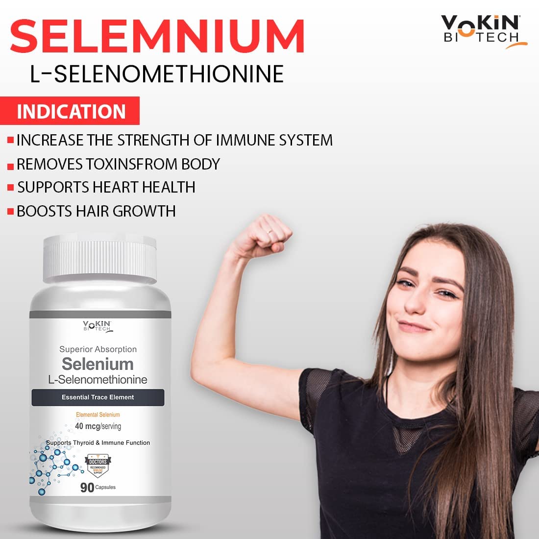 Yokin Biotech Selenium supplement with a woman flexing her arm on a light gray background