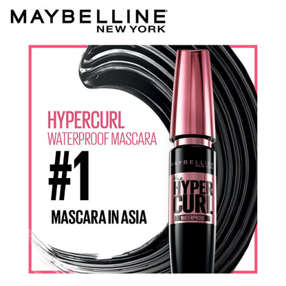Maybelline Hypercurl Waterproof Mascara with black mascara line on a white background
