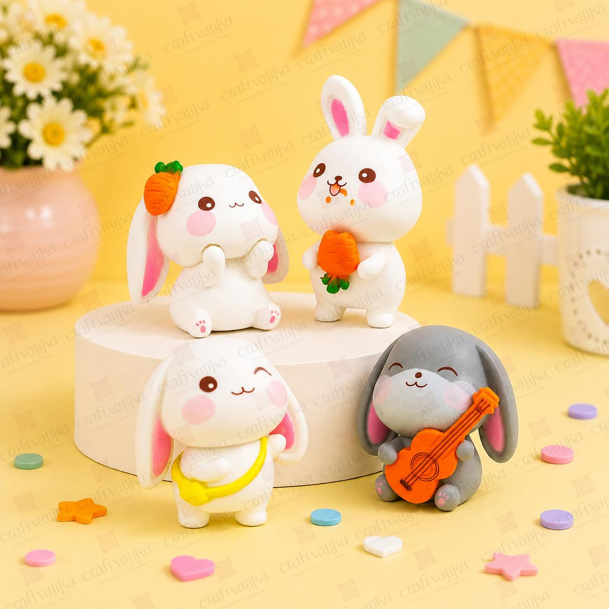 Miniature Showpiece Birthday Gift for Girls Kids, Rabbit Bunny Showpiece Set of 4 for Home Decor Items, Car Dashboard Items, Table Decoration Items, Valentine Day Gift for Girlfriend