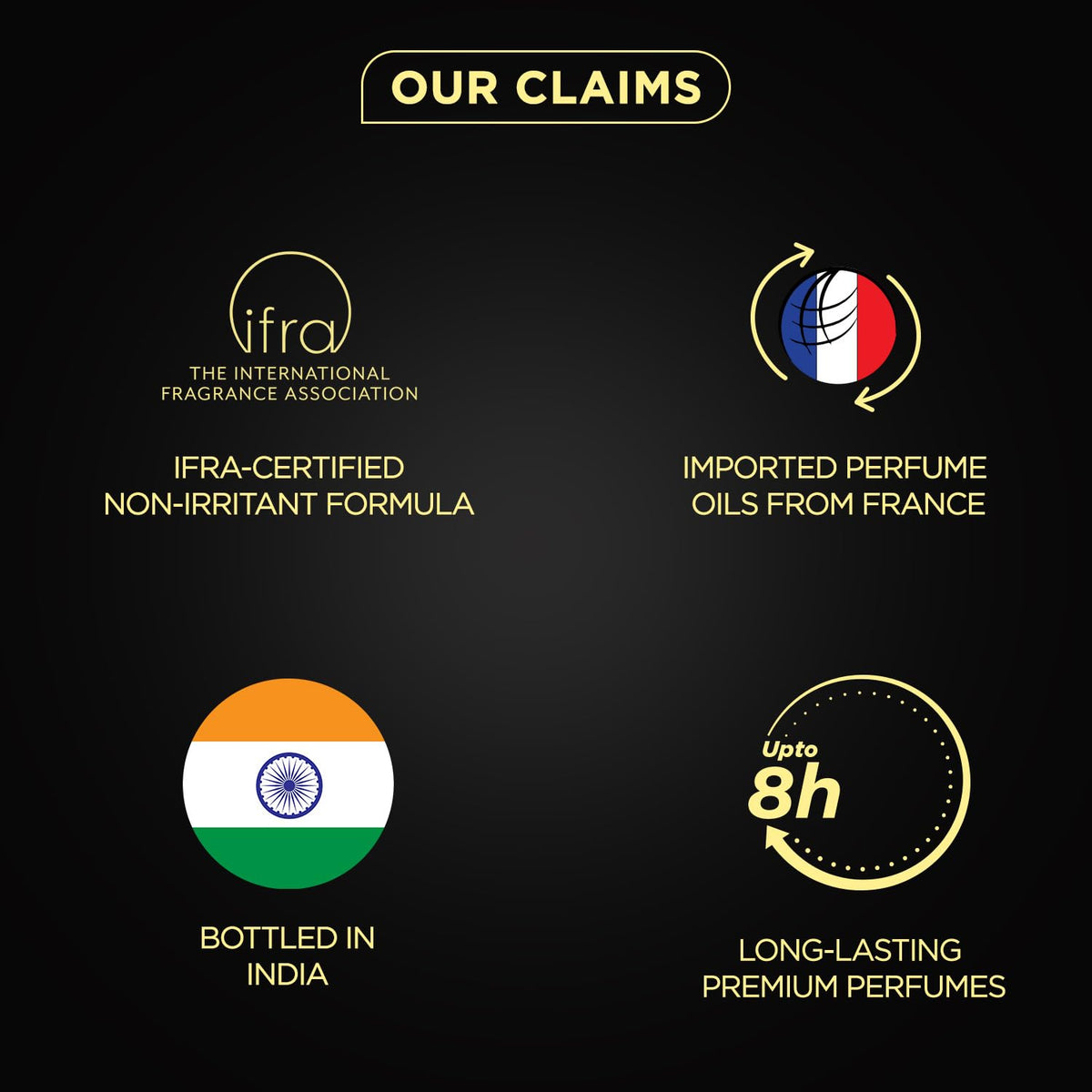 List of product claims including IFRA certification, imported perfume oils from France, bottled in India, and long-lasting premium perfumes on a black background.