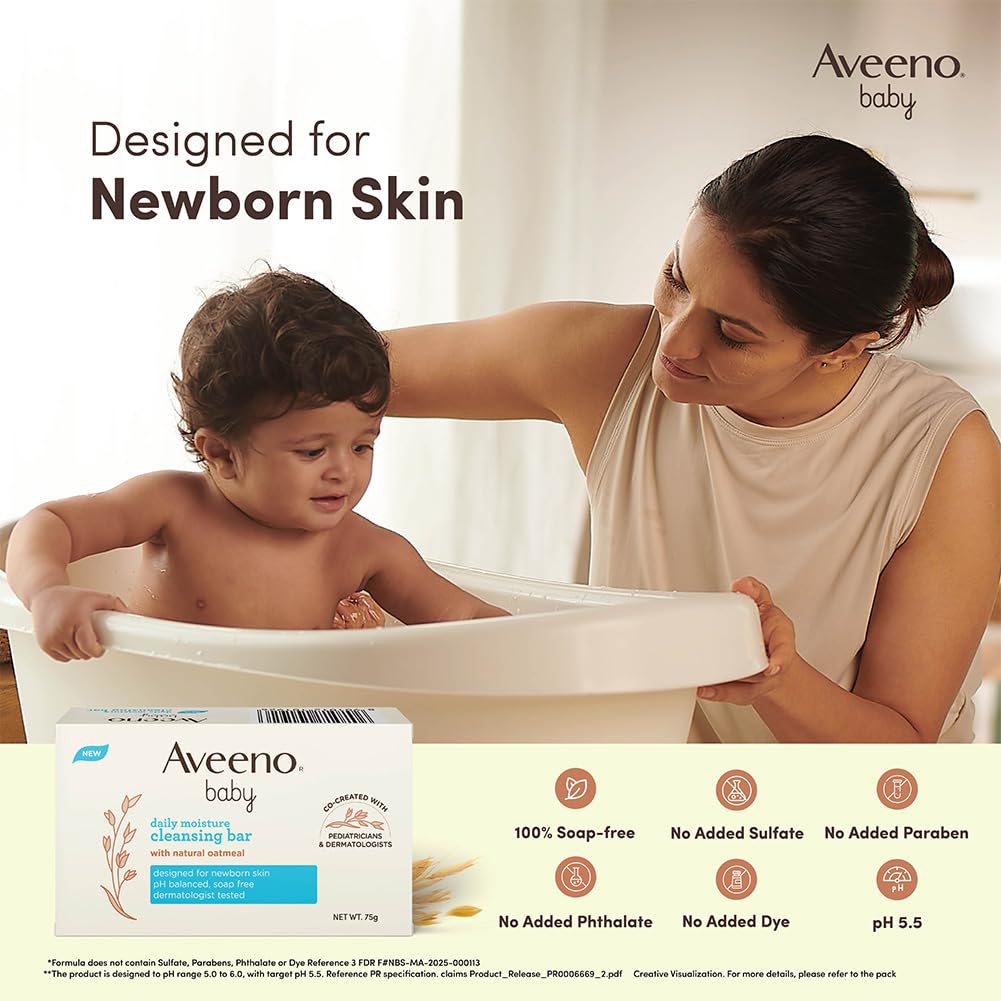 Aveeno Baby Daily Moisture Cleansing Bar 75g | With natural Oatmeal, Glycerin and Shea Butter | Co-created with Pediatricians and Dermatologists for newborn sensitive skin | pH balanced, free of soap, parabens sulfates and phthalates