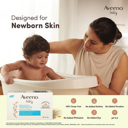 Aveeno Baby Daily Moisture Cleansing Bar 75g | With natural Oatmeal, Glycerin and Shea Butter | Co-created with Pediatricians and Dermatologists for newborn sensitive skin | pH balanced, free of soap, parabens sulfates and phthalates