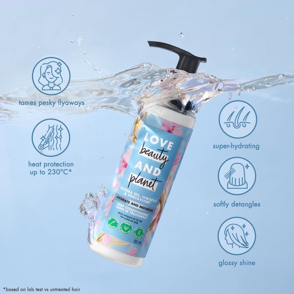 Shampoo bottle with 'Love Beauty and Planet' branding on a blue background with water and product splashes.