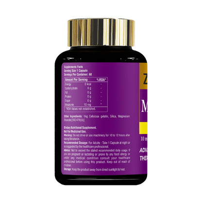 Supplement bottle with purple label and gold cap on a white background