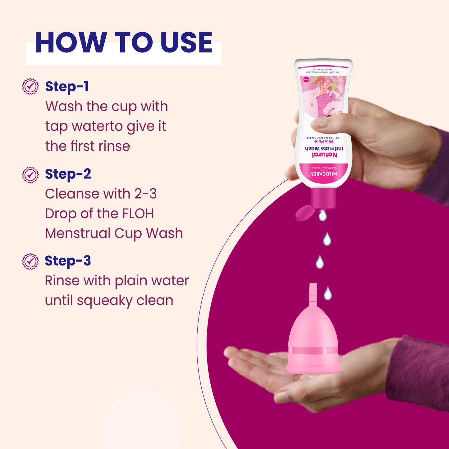 Instructions on how to use a menstrual cup with a bottle of wash and a pink menstrual cup.