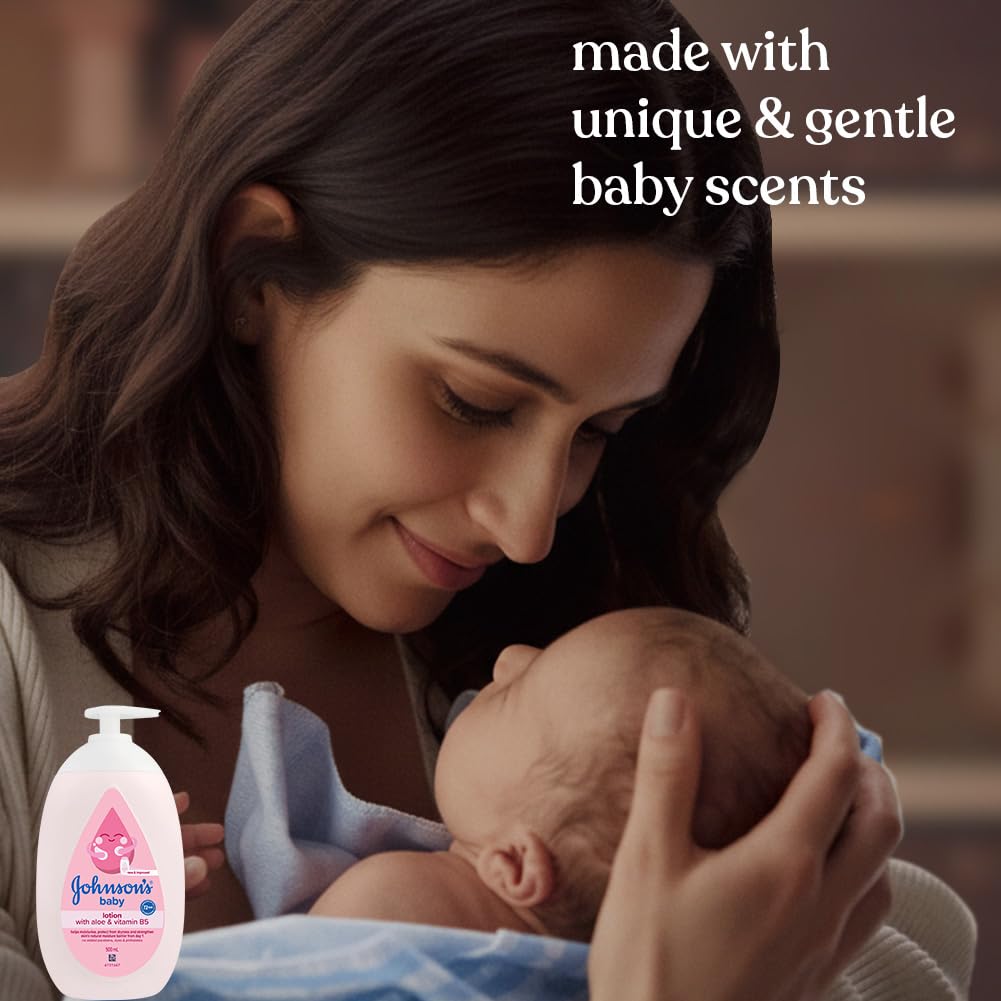 Woman holding a baby with Johnson's Baby bottle in the foreground, text about unique and gentle baby scents.
