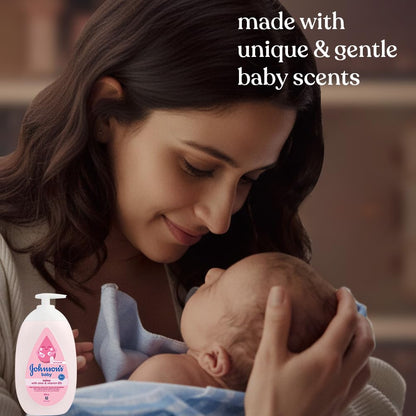 Woman holding a baby with Johnson's Baby bottle in the foreground, text about unique and gentle baby scents.