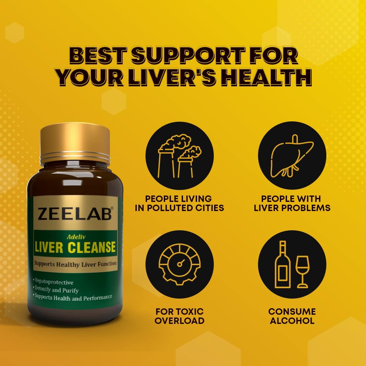 Zeelab Liver Cleanse supplement bottle with icons and text on a yellow background