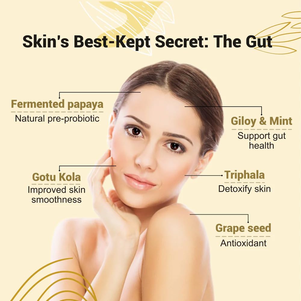 Woman with labeled skincare benefits on a beige background