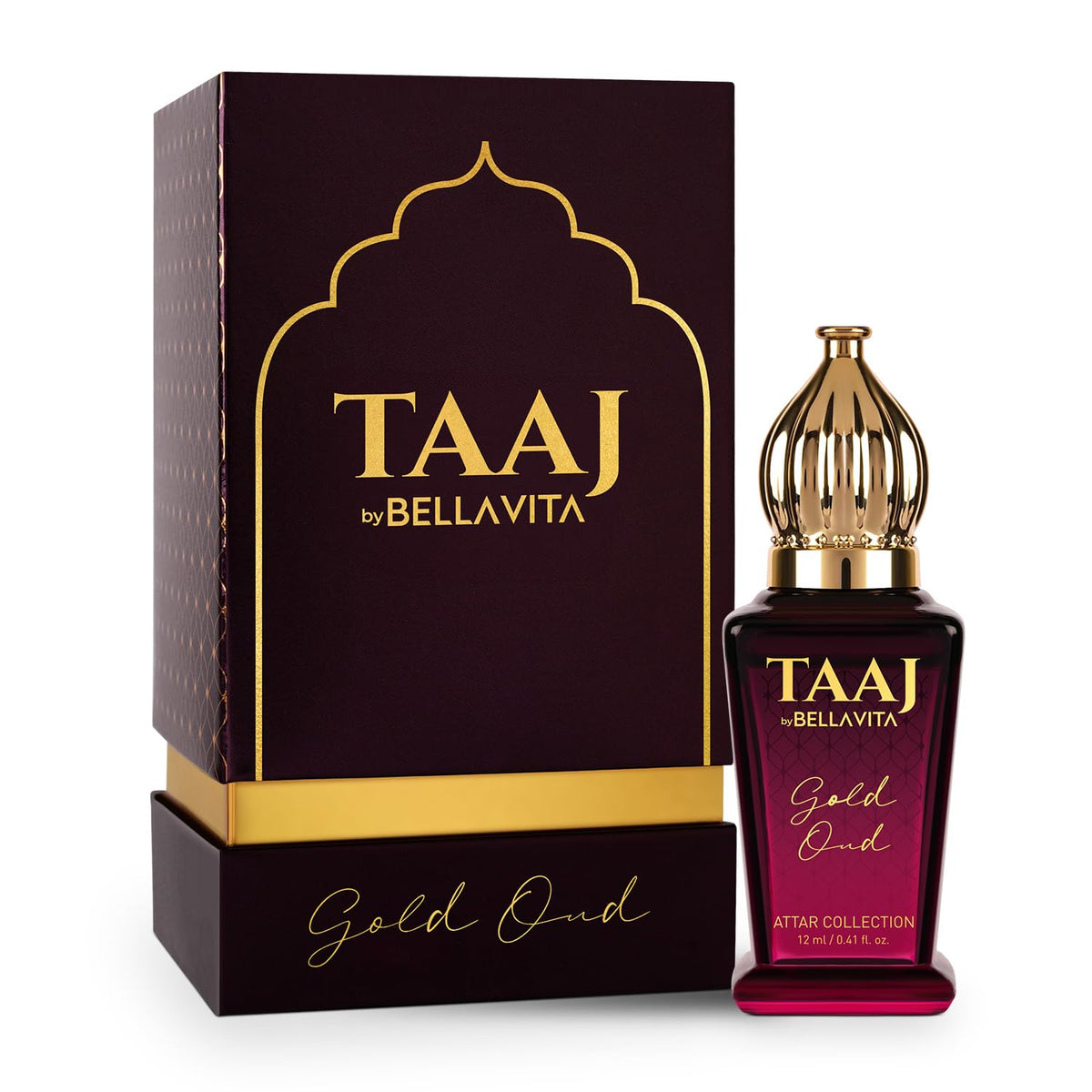 TAAJ by Bellavita Gold Oud perfume bottle and packaging on a white background