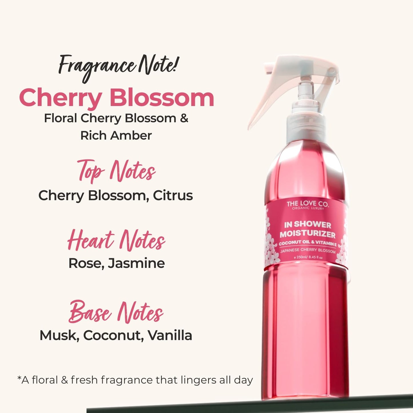 The Love Co Japanese Cherry Blossom In-Shower Moisturizer | Body Lotion-Like Hydration Spray | Fast-Absorbing, Non-Greasy Shower Moisturizer for Dry Skin | Coconut Oil & Shea Butter | 250ml