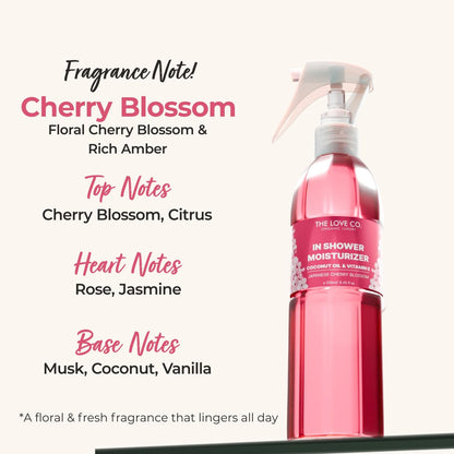 The Love Co Japanese Cherry Blossom In-Shower Moisturizer | Body Lotion-Like Hydration Spray | Fast-Absorbing, Non-Greasy Shower Moisturizer for Dry Skin | Coconut Oil & Shea Butter | 250ml