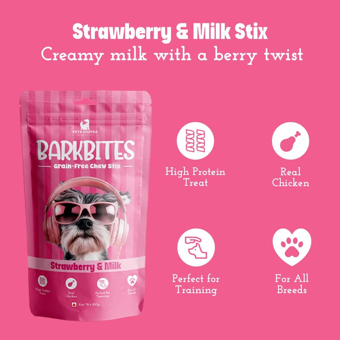 PETS EMPIRE BARKBITES Strawberry Milk Dog Chew Sticks | Soft Chewy Dog Treats | Grain-Free High Protein Training Snacks | Made with Real Milk & Chicken | Healthy Treat for Puppies & Dogs | 100g