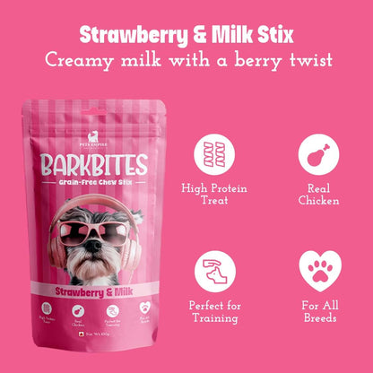 PETS EMPIRE BARKBITES Strawberry Milk Dog Chew Sticks | Soft Chewy Dog Treats | Grain-Free High Protein Training Snacks | Made with Real Milk & Chicken | Healthy Treat for Puppies & Dogs | 100g