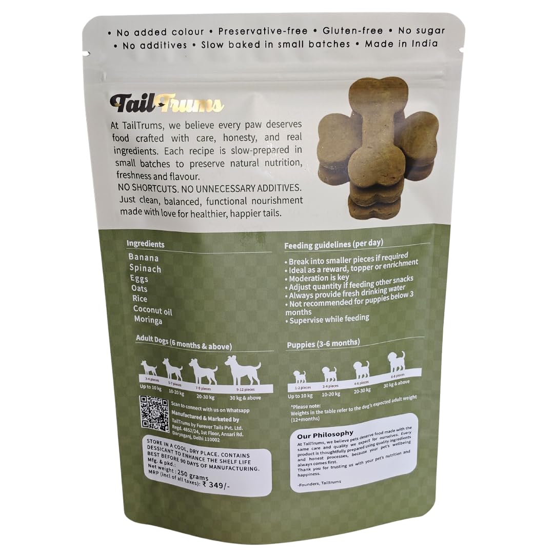 TailTrums Dog Biscuits – Banana & Spinach Cookies with Ashwagandha 250g | Healthy Dog Food | All Breeds |