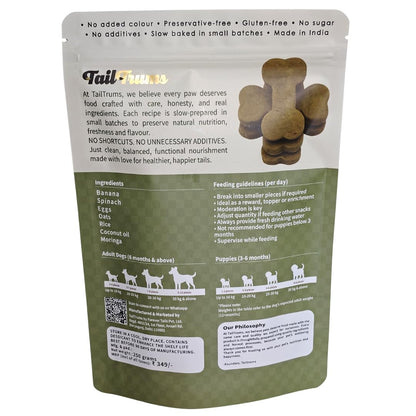 TailTrums Dog Biscuits – Banana & Spinach Cookies with Ashwagandha 250g | Healthy Dog Food | All Breeds |