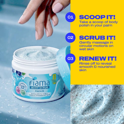 Fiama Strawberry Skin Exfoliating Body Scrub 200g, 0.5% Papain Enzyme + 0.1% Caffeine, Chemical + Physical Exfoliation, 13% Polishing Blend, Reduces Keratosis Pilaris, Refreshing Aqua Fragrance