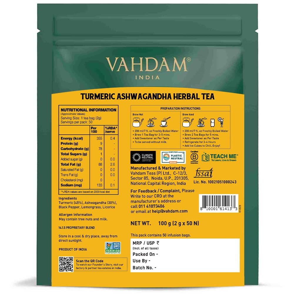 VAHDAM Turmeric Ashwagandha Herbal Tea - 50 Tea Bags | Fights Inflammation, Reduces Stress & Boosts Energy | 5-Herb Caffeine Free Blend | With Black Pepper, Lemongrass & Licorice