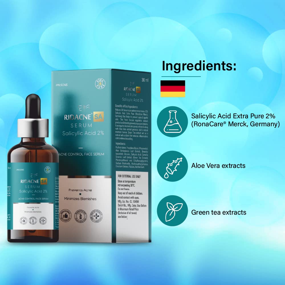 RIDACNE SA SERUM WITH SALICYLIC ACID 2%, ALOE VERA & GREEN TEA EXTRACT - Acne Control Face Serum | Reduces Blackheads and Whiteheads | Minimizes Blemishes | Prevents Acne, 30ml