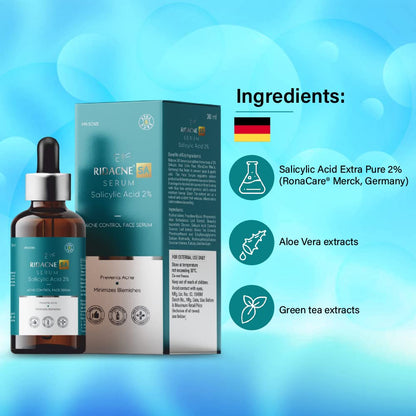RIDACNE SA SERUM WITH SALICYLIC ACID 2%, ALOE VERA & GREEN TEA EXTRACT - Acne Control Face Serum | Reduces Blackheads and Whiteheads | Minimizes Blemishes | Prevents Acne, 30ml