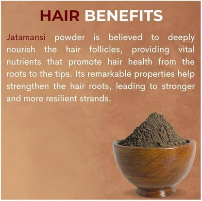 Jatamansi powder in a wooden bowl with text about hair benefits on a brown background