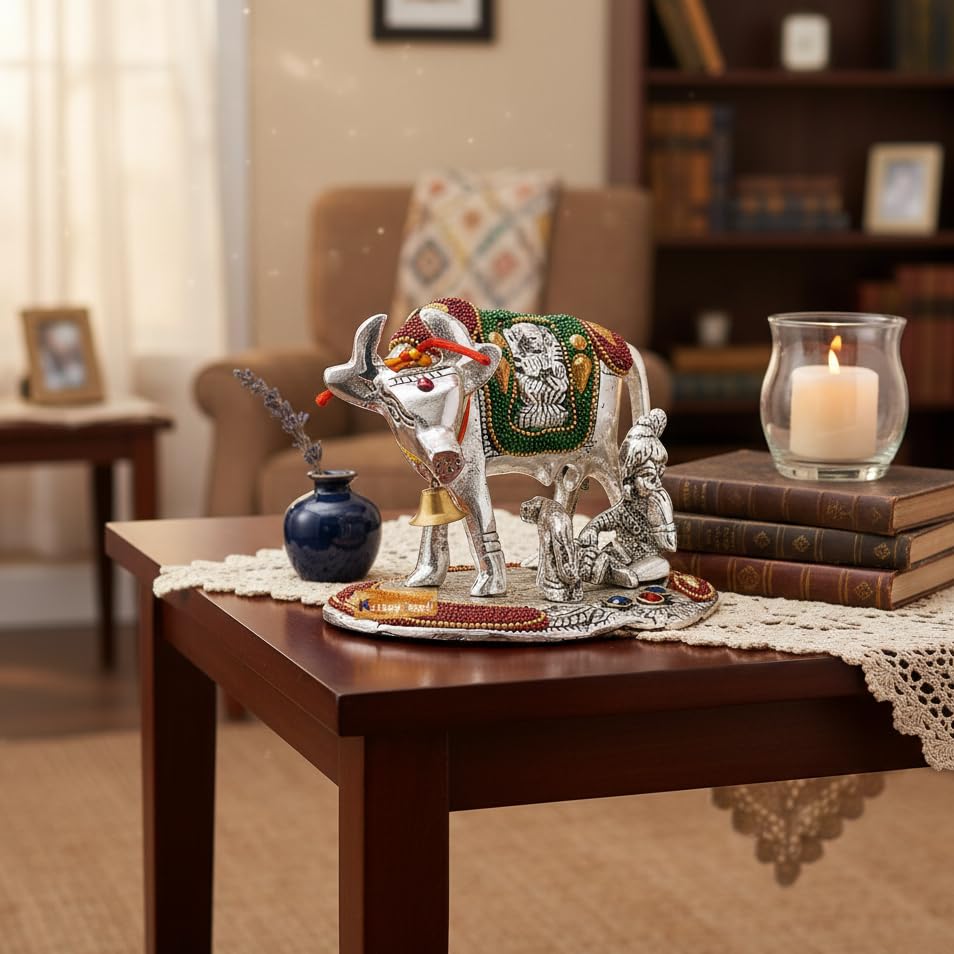 KridayKraft Kamdhenu Cow,Calf with Bal Gopal Krishna Metal Statue for Good Luck,Feng Shui As Table Top Figurine,Vastu,Religious Gau MATA Idol Home,Office&Table Decorative,Animal