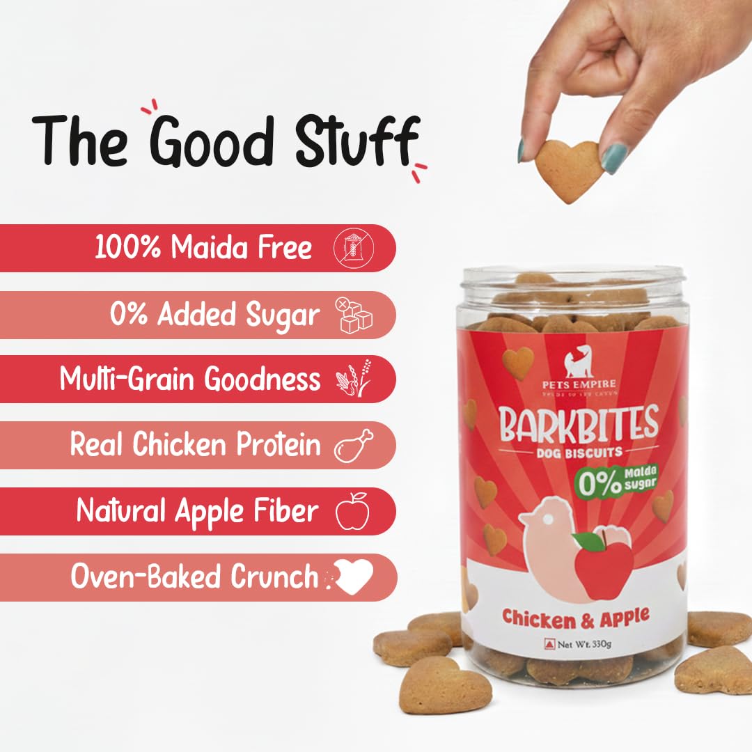 PETS EMPIRE BARKBITES Chicken & Apple Biscuit Jar for Dogs 350g – Healthy Dog Treats with No Maida, No Sugar, No Salt – Nutritious & Crunchy Biscuits for Training and Rewards