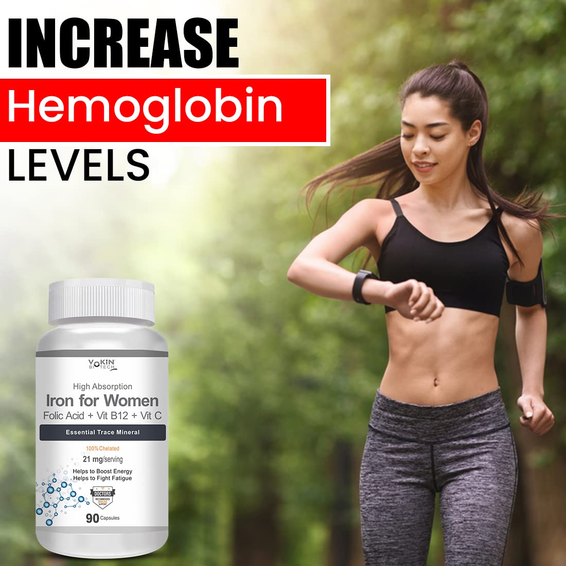 Woman exercising outdoors with a supplement bottle labeled 'Iron for Women' on a blurred natural background.