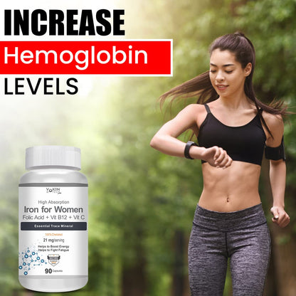 Woman exercising outdoors with a supplement bottle labeled 'Iron for Women' on a blurred natural background.