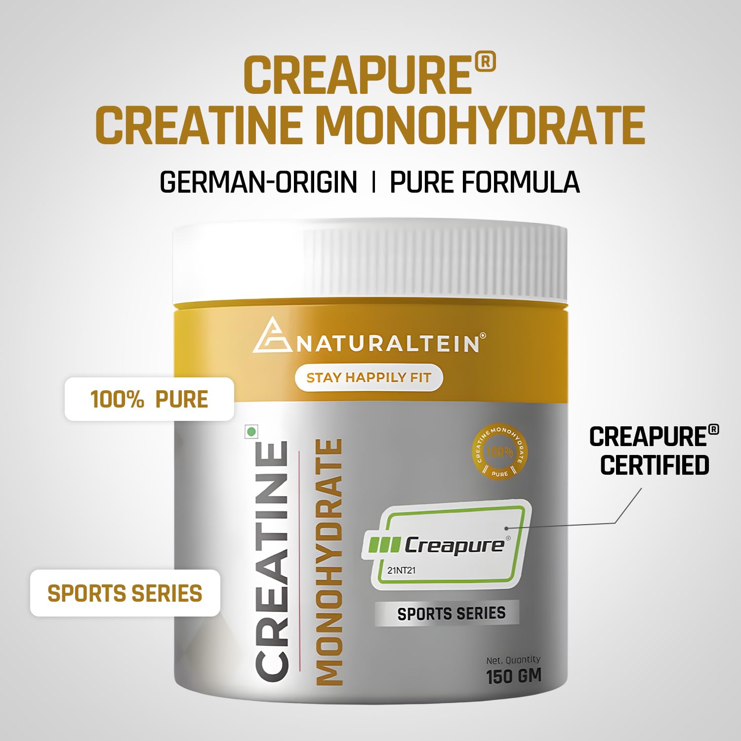 Creatine Monohydrate supplement container with Naturaltein branding on a light gray background