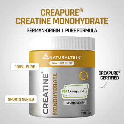 Creatine Monohydrate supplement container with Naturaltein branding on a light gray background