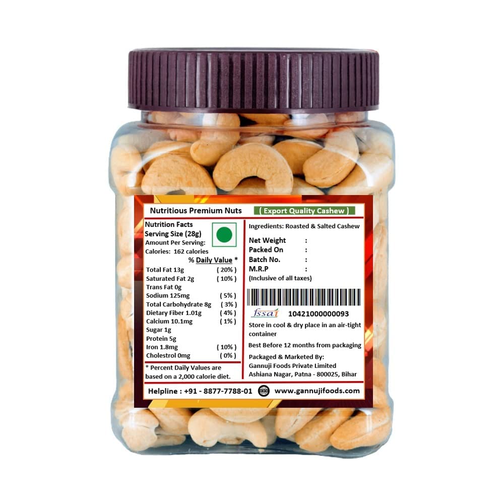 Gannuji 800g Roasted And Salted Premium Cashew Nuts | Crunchy Kaju | Oil Free Roasted Cashew (800g)