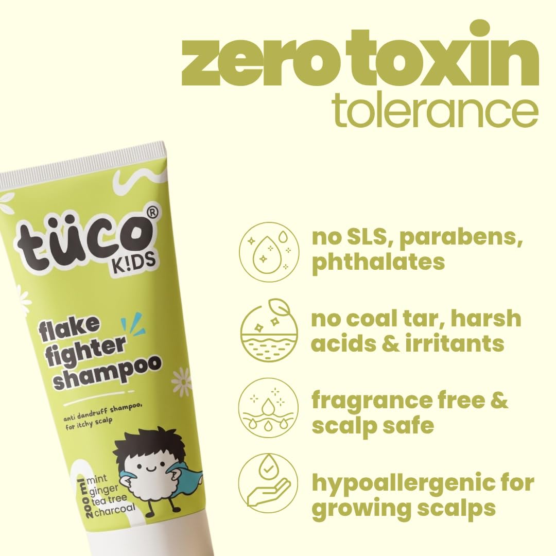 TüUÑ KIDS flake fighter shampoo tube with zero toxin tolerance text and icons on a white background