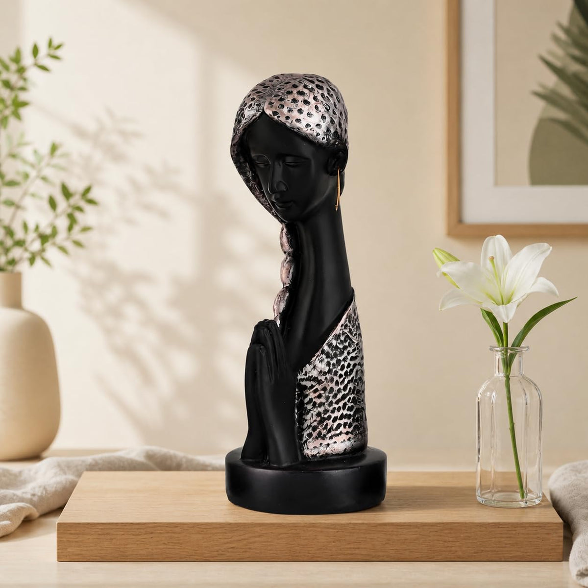 Graceful Resin Namaste Statue of a Girl |Elegant Spiritual Décor (Pack of 1, Black & Silver)