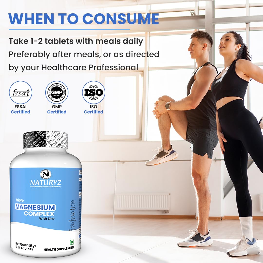 Naturyz magnesium complex supplement bottle with a man and woman exercising in the background.