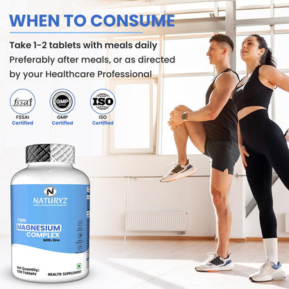 Naturyz magnesium complex supplement bottle with a man and woman exercising in the background.