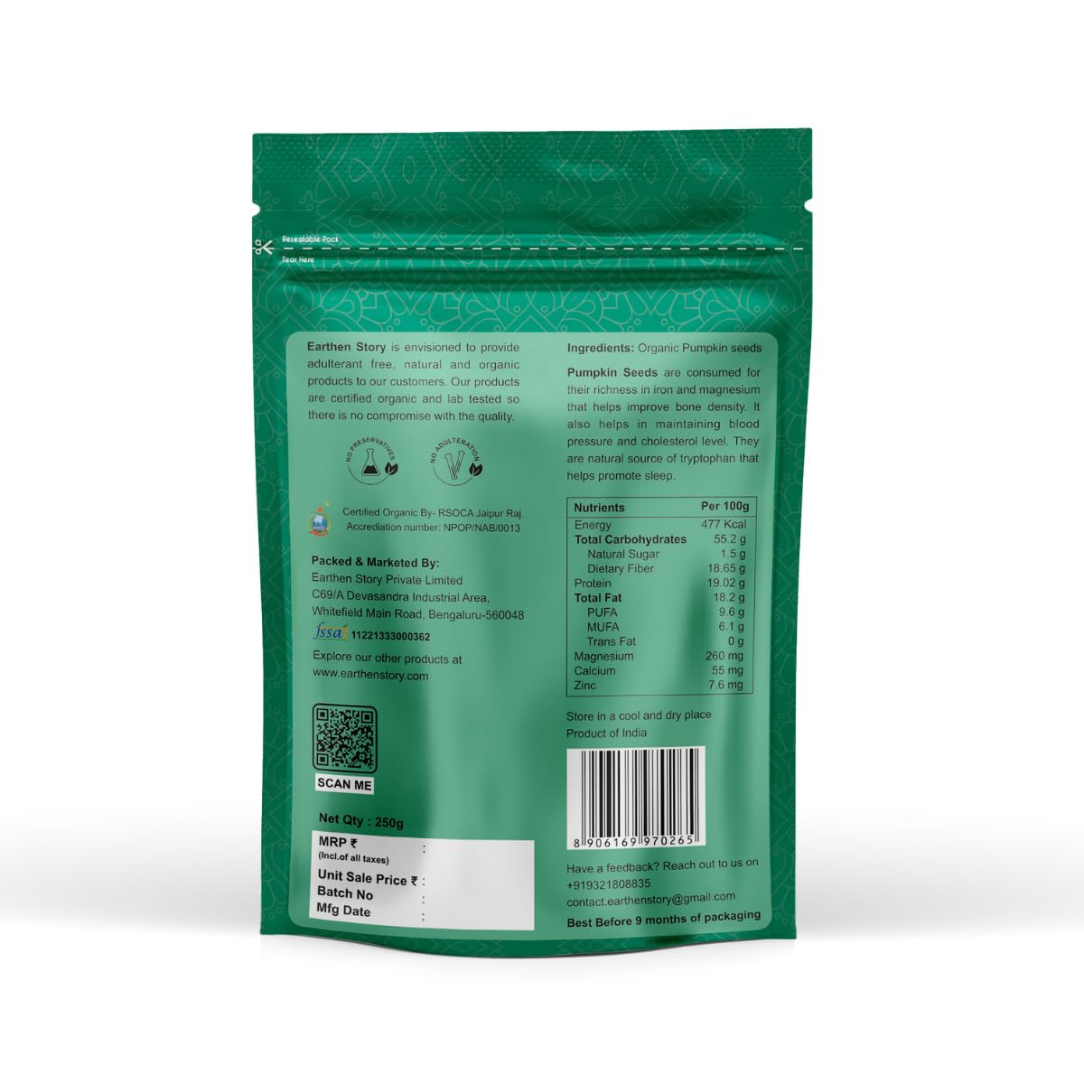 Earthen Story Certified Organic Pumpkin Seeds 250 g | Lab Tested for 250+ Pesticides | NPOP Approved & Traceable with Transaction Certificate | Rich in Protein, Fibre & Essential Nutrients