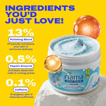 Fiama Strawberry Skin Exfoliating Body Scrub 200g, 0.5% Papain Enzyme + 0.1% Caffeine, Chemical + Physical Exfoliation, 13% Polishing Blend, Reduces Keratosis Pilaris, Refreshing Aqua Fragrance
