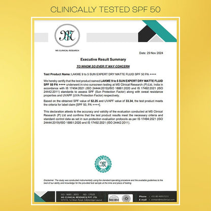 Certification document with clinical testing details on a yellow background