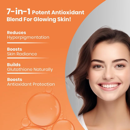 Advertisement for a skincare product with a woman's face and text about its benefits on an orange background.