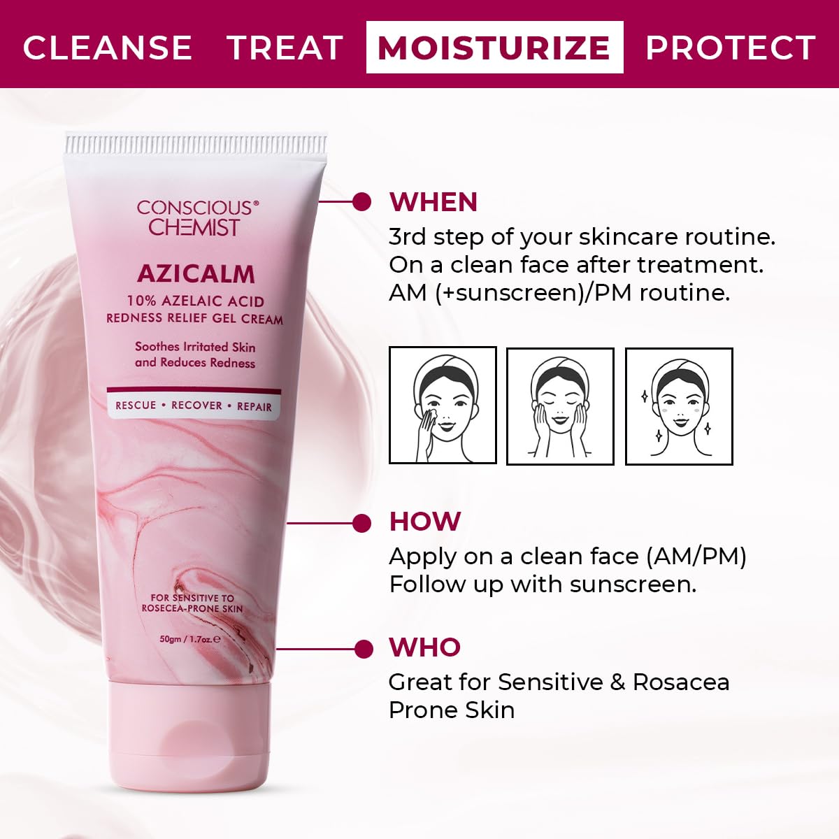 Conscious Chemist® 10% Azelaic Acid Cream | 50g | Face Cream for Men & Women, Moisturizer for Acne Prone Skin, Redness Relief, Soothe Irritation & Inflammation, All Skin Types - Azicalm