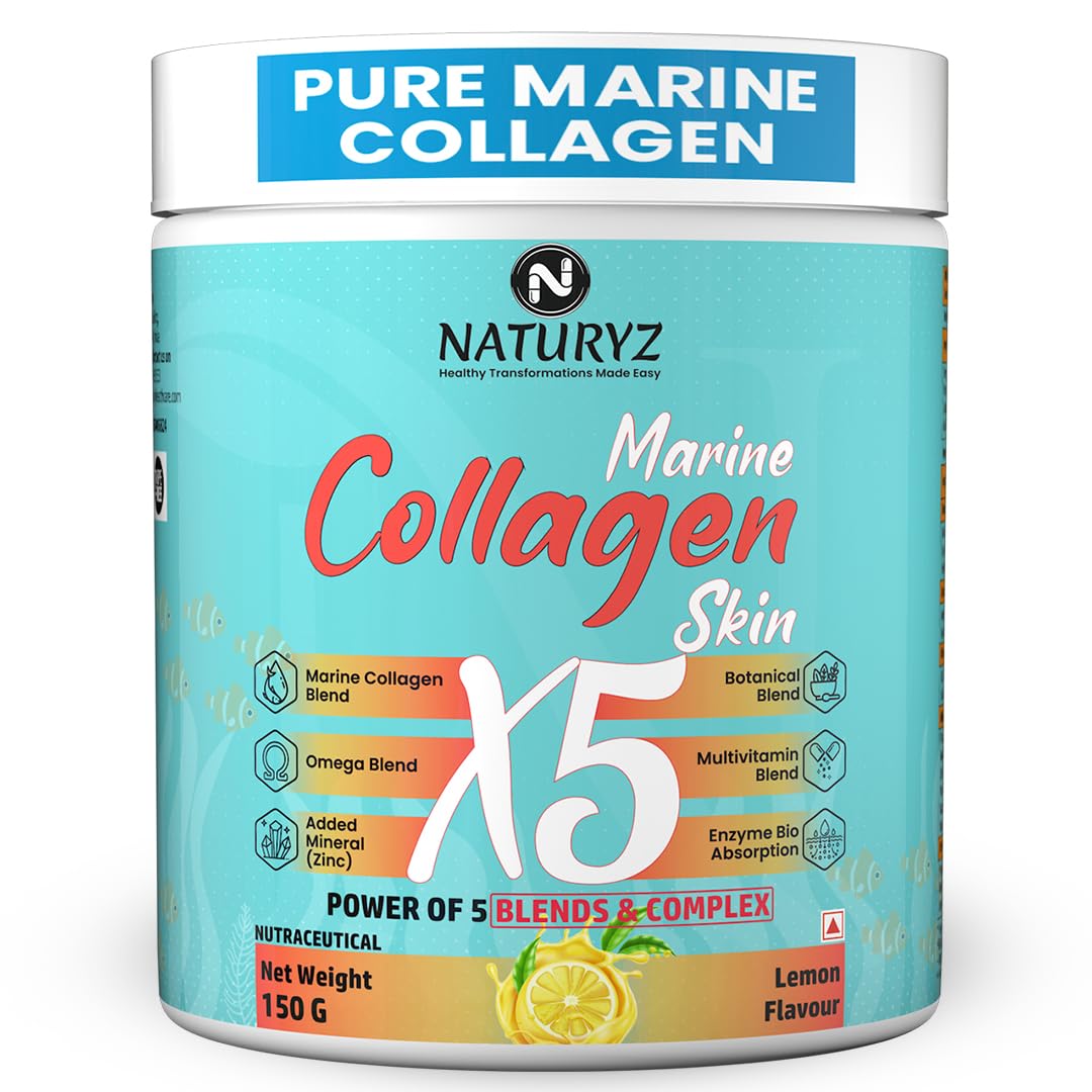 Naturyz Marine Collagen Skin X5 supplement container with lemon flavor on a white background