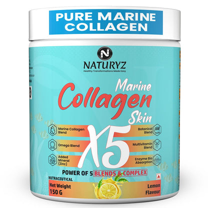Naturyz Marine Collagen Skin X5 supplement container with lemon flavor on a white background