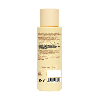 Back view of a beige bottle with text and a barcode on a white background