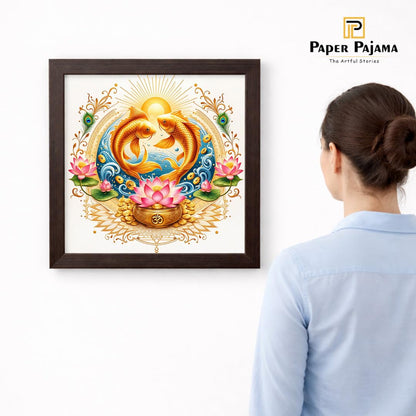 Pair Fish Koi Moi Golden Vastu Money Prosperity Fengshui Lotus Sacred Harmony Framed Poster Artwork Decor Painting
