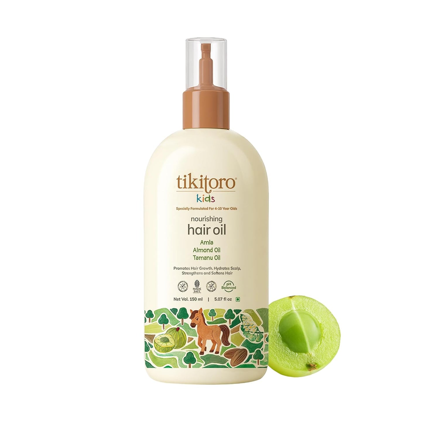 Tikitoro Kids Nourishing Hair Oil, 100% Vegan with Bringha, Amla, Olive, & Argan, Promotes & Conditions Hair Growth & Scalp, Non-sticky, Non-smelly & Non-greasy, No Paraben & Sulphate (150 ml)