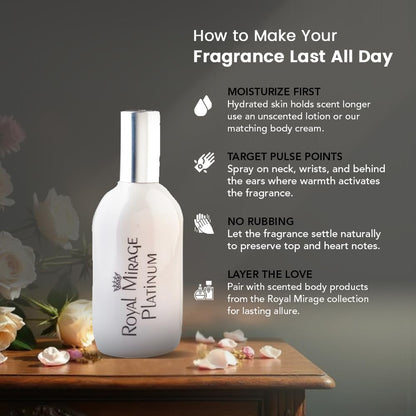 Royal Mirage Platinum Eau de Cologne | Long Lasting Perfume for Men & Women | Floral & Woody Fragrance | Bergamot, Jasmine & Sandalwood Notes | Unisex EDC | 120ml
