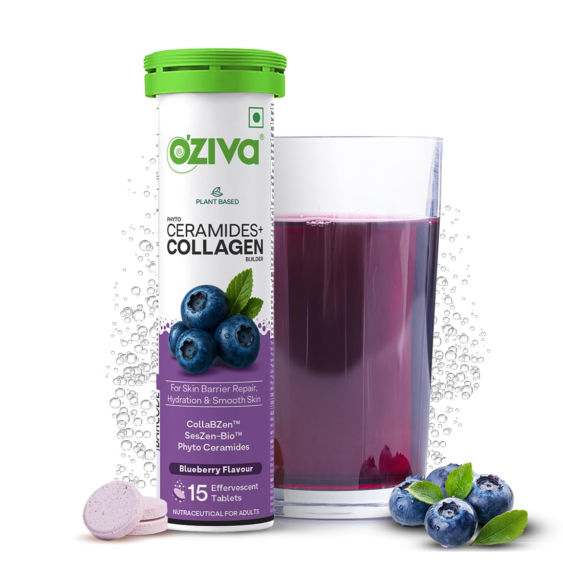 OZiva Phyto Ceramides+ Collagen Builder, Skin Hydration, Blueberry, 15 Tabs