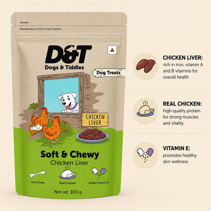 Dogs & Tiddles Chicken Liver Dog Treats, 100g | For Puppies & Adult Dogs, Soft & Chewy High-Protein, Supports Digestion & Muscle Health, Tasty Training Treats